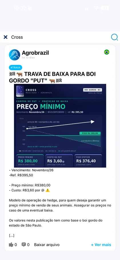 Publicação da Cross no app AgroBrazil: trava de baixa para boi gordo com PUT, preço mínimo de R$ 380 e custo de R$ 3,60 por arroba