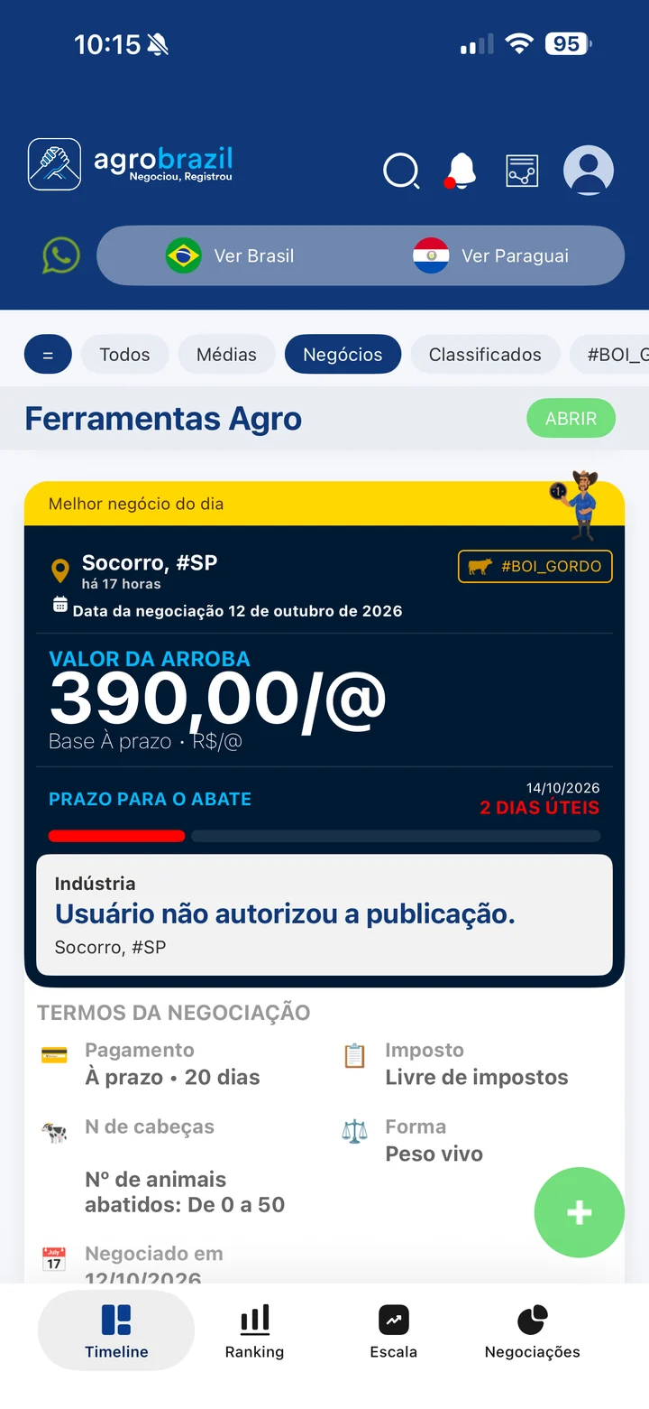Melhor negócio do dia no app: Socorro, São Paulo, R$ 390,00 por arroba a prazo